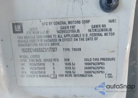 2003 Chevrolet Silverado 1500 из США, поврежденный, VIN 1GCEC14X63Z317727